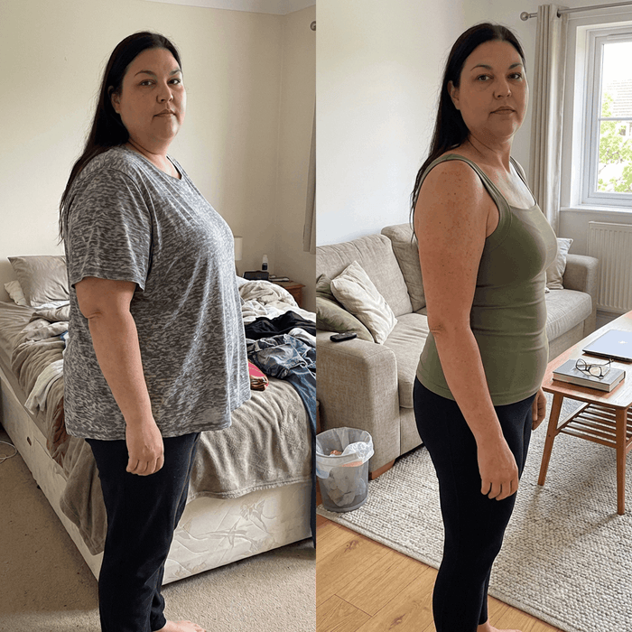 Sharon T. before and after wearing the built-in bra tank