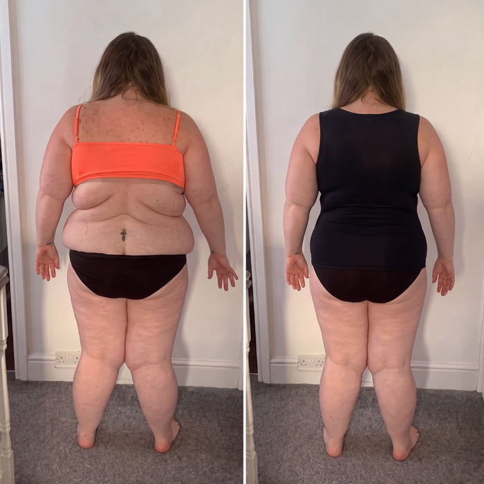 Deborah H. before and after wearing the built-in bra tank