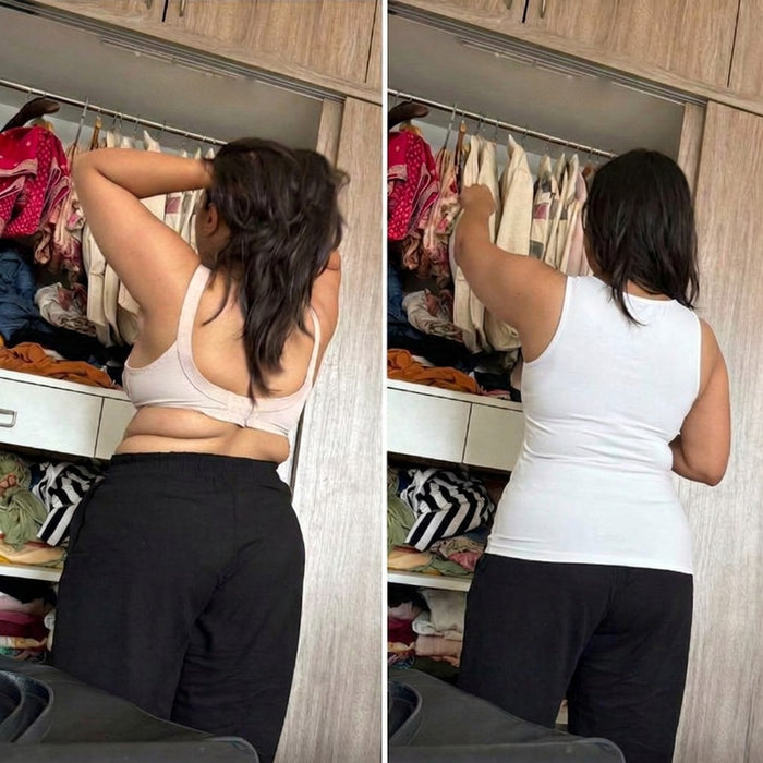 Kathleen R. before and after wearing the built-in bra tank