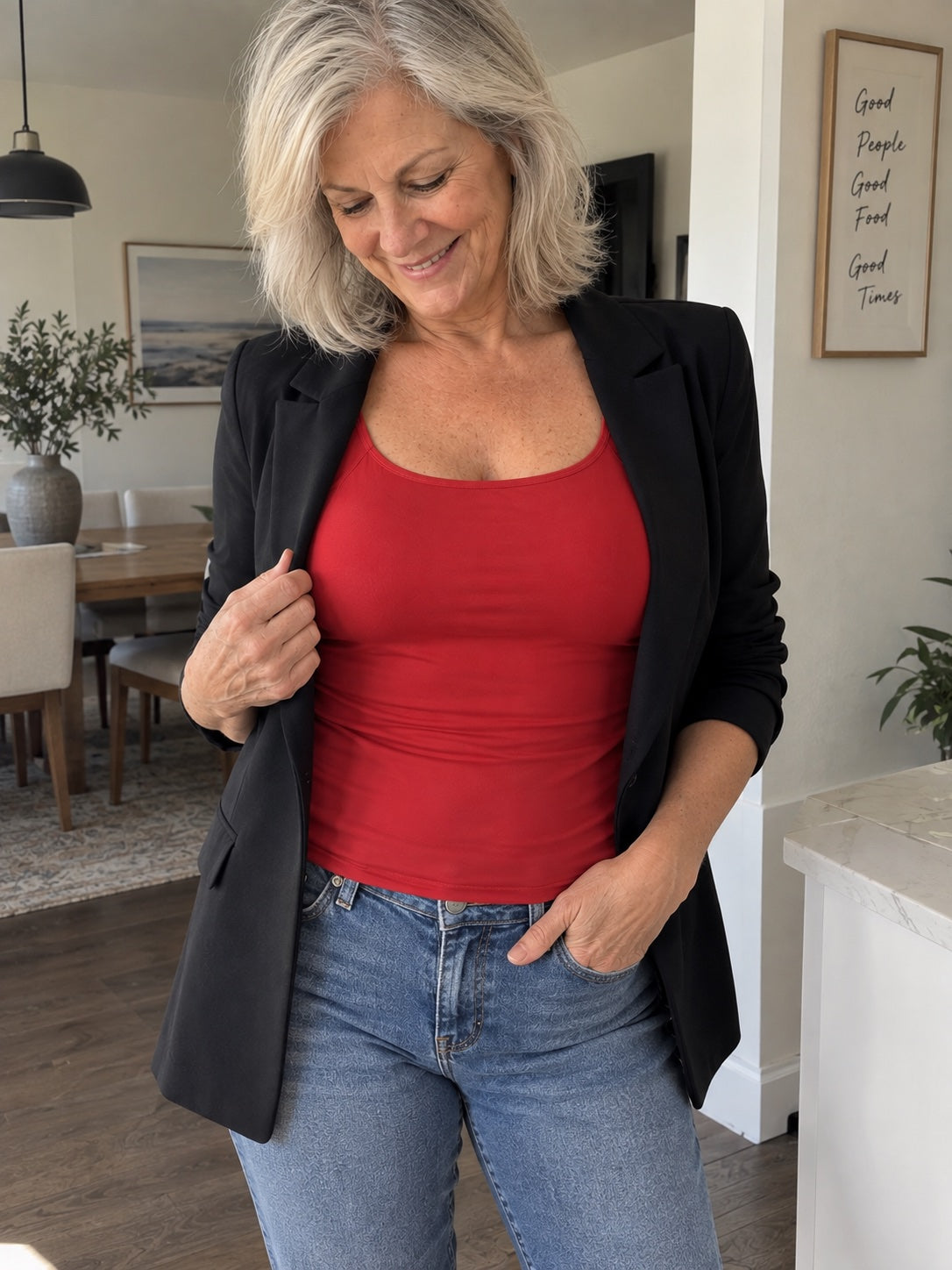 The tank worn under an open jacket